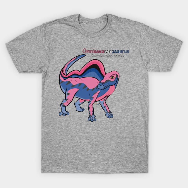 Omnisexuranosaurus - Omnisexual Pride Ouranosaurus W/Text T-Shirt by tygerwolfe